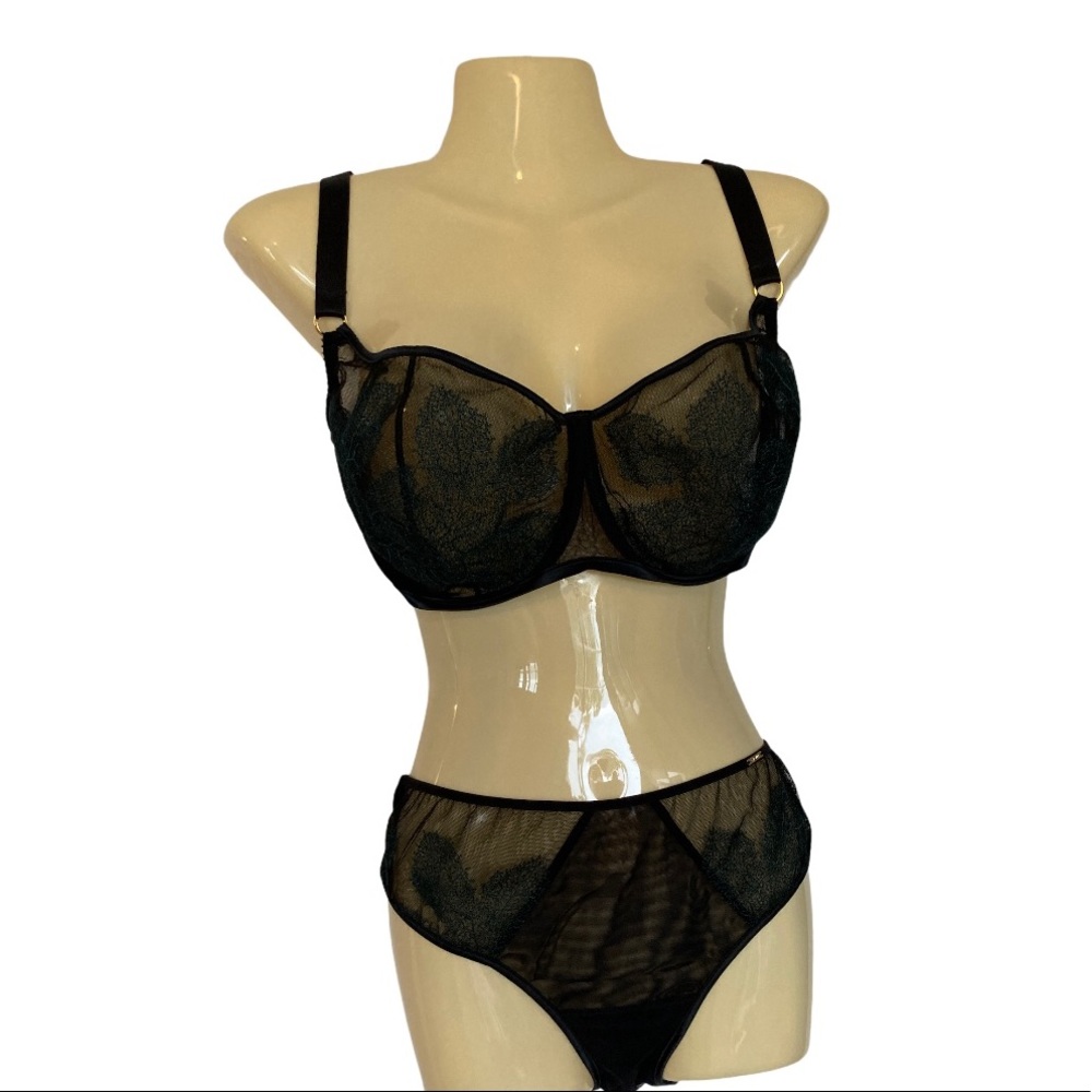 Ajour Luxury Lingerie Bra And Panty Set Sexy Black Green Embroidery Romantic Fun - Picture 3 of 14